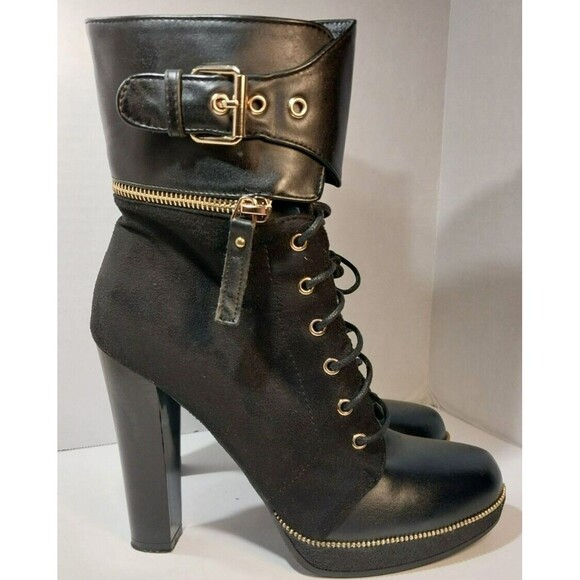 Italina Black Suede Ankle Boots Gold Zipper and Buckle Size 8.5M - Picture 1 of 12